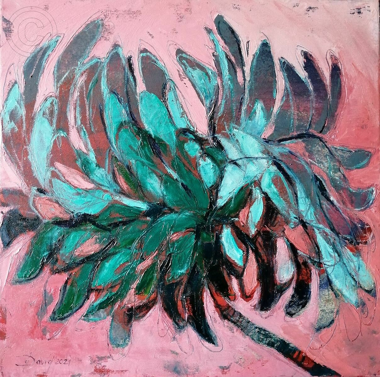Green power on rosa, Original Öl Gemälde, 40x40cm