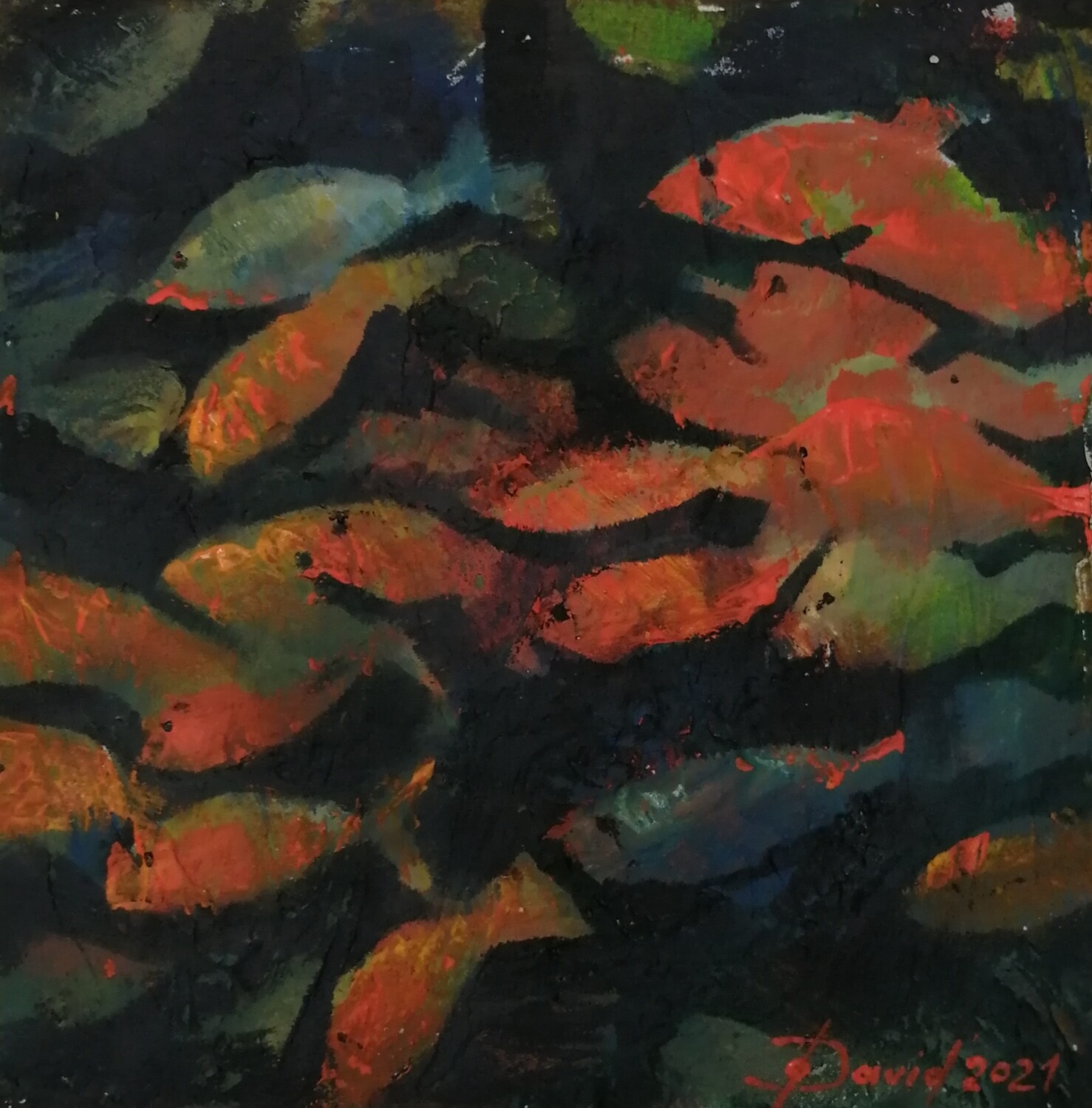 Munterer Fischschwarm, Original Mischtechnik Gemälde, 30x30cm