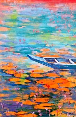 Boot auf dem Lotus See, Original Öl Gemälde, 40x60cm