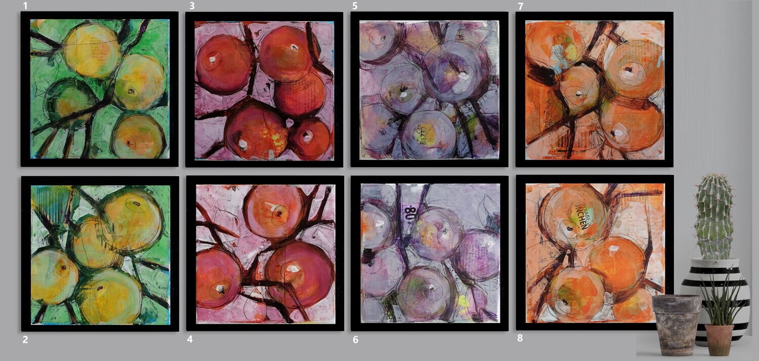 Äpfel, kleines Original Gemälde in Mischtechnik 20x20 cm, Moderner Stil