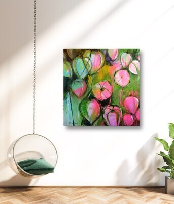 Lampionblumen in rosa, Original Öl Gemälde, 80x80cm