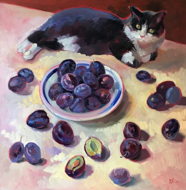 Pflaumen - Stillleben mit Katze  - Original Ölgemälde von Katharina Valeeva 60x60 cm
