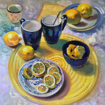 Stillleben mit Zitronen  - Original Ölgemälde von Katharina Valeeva 50x50 cm