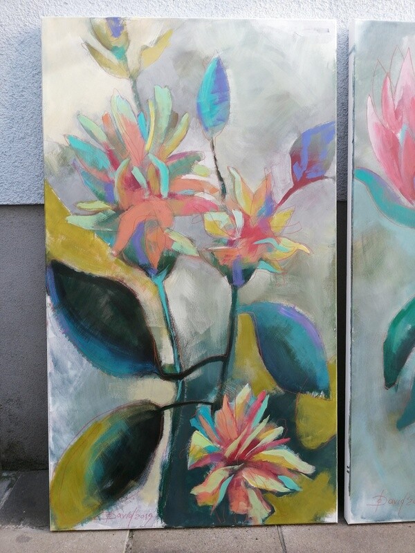Viridiflora - Chinesische Rose, Original Acryl Gemälde von Olga David, 80x140cm Großformat