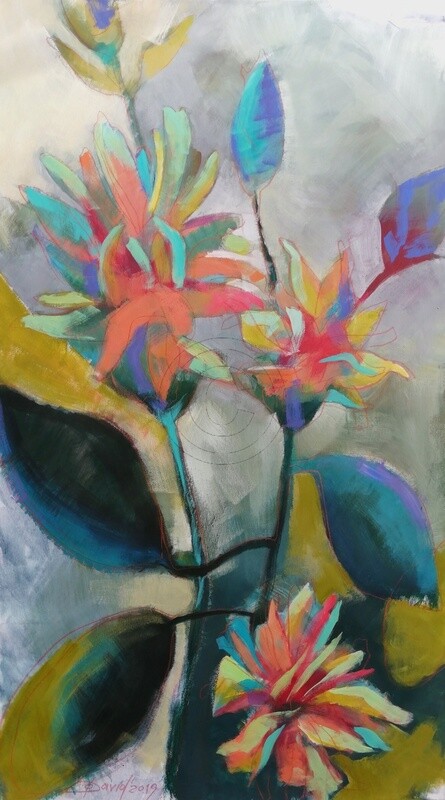 Viridiflora - Chinesische Rose, Original Acryl Gemälde von Olga David, 80x140cm Großformat