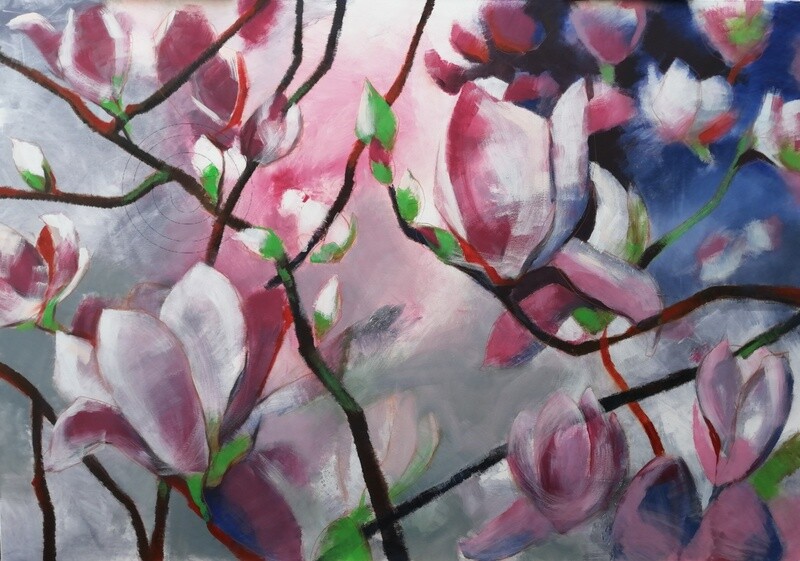 Magnolien, Original Acryl Gemälde von Olga David, 200x140cm Großformat