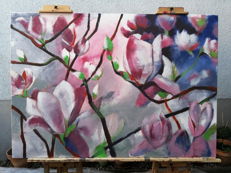 Magnolien, Original Acryl Gemälde von Olga David, 200x140cm Großformat