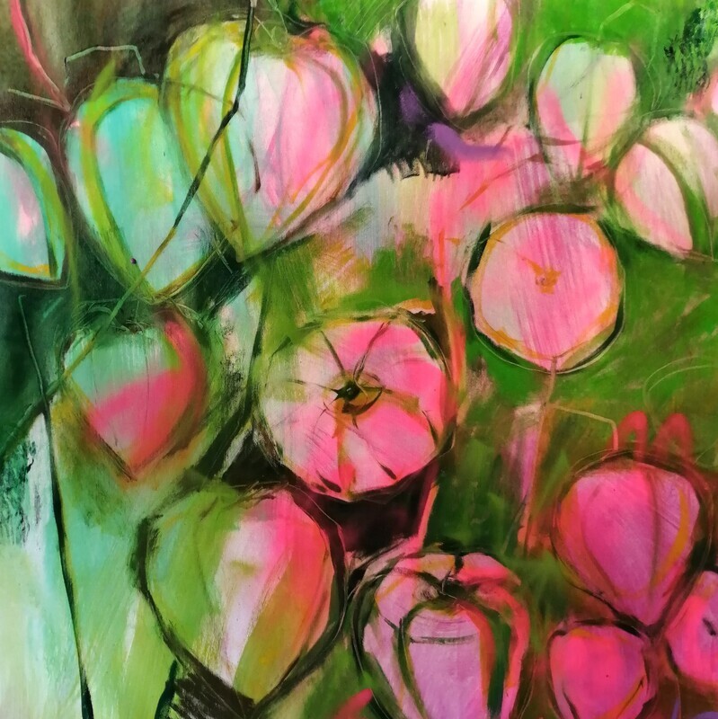 Lampionblumen in rosa, Original Öl Gemälde, 80x80cm