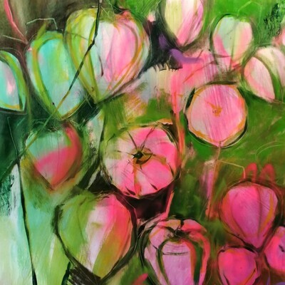 Lampionblumen in rosa, Original Öl Gemälde, 80x80cm
