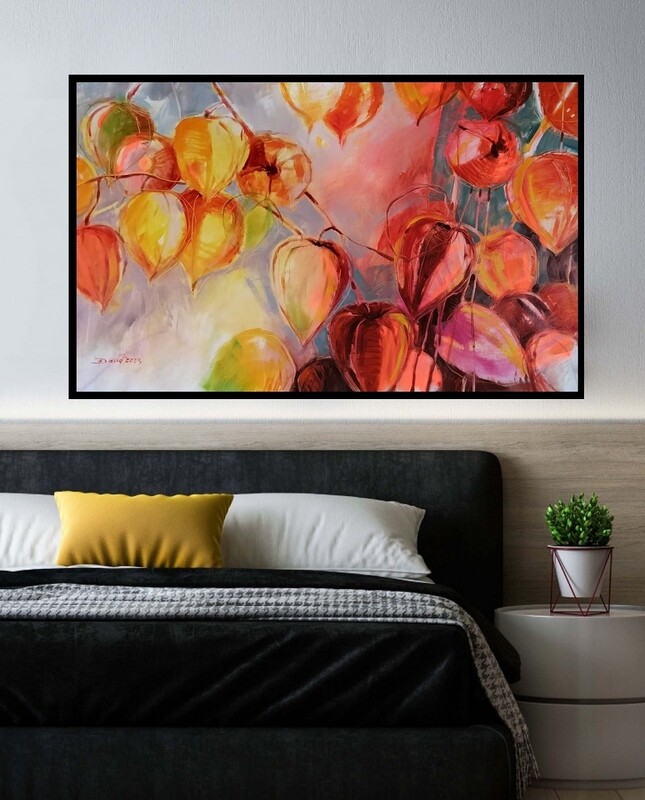 Physalis-Poesie in Öl, Original Gemälde von Olga David, 140x80cm