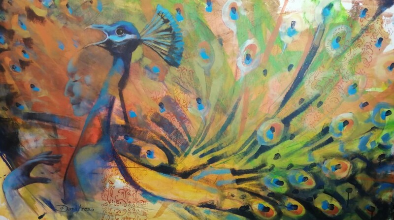 Female Peacock Fantasies - Statement Gemälde von Olga David, 140x80 cm Großformat