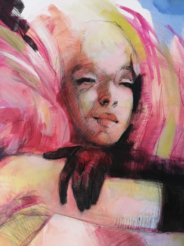 Flamingo fly over - Statement Gemälde 140x80 cm Großformat