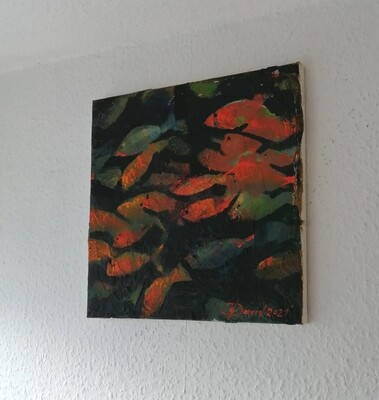 Munterer Fischschwarm, Original Mischtechnik Gemälde, 30x30cm