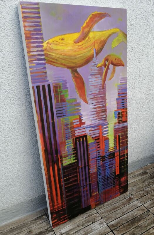 Invasion der Bartenwale, Original Acrylgemälde von Olga David, 60x120cm