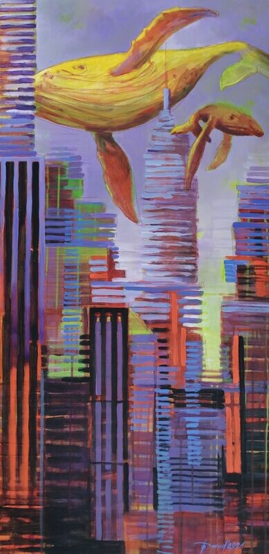 Invasion der Bartenwale, Original Acrylgemälde von Olga David, 60x120cm