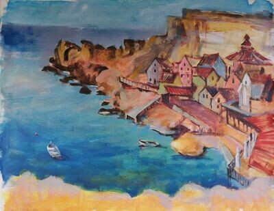 Popeye Village, Original Acryl Gemälde, 71x58cm. Lose Leinwand ohne festen Untergrund