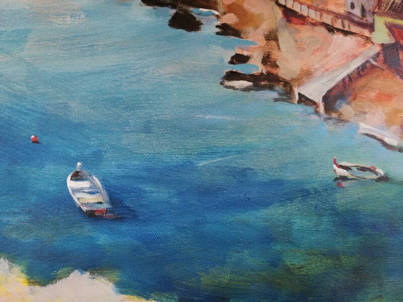 Popeye Village, Original Acryl Gemälde, 71x58cm. Lose Leinwand ohne festen Untergrund