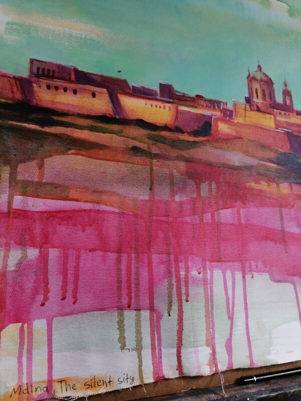 Maltas fabelhafte Bauten- Mdina - die Stadt der Stille, Original Acryl Gemälde, 71x58cm. Lose Leinwand ohne festen Untergrund