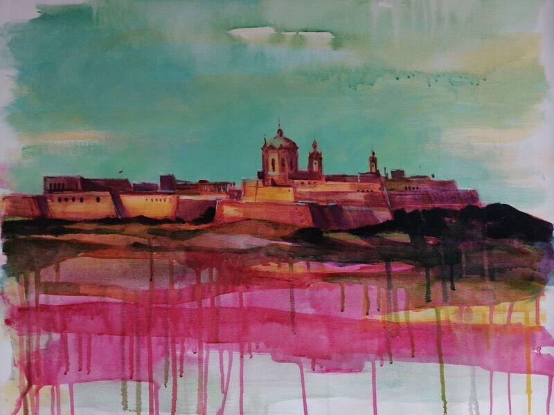 Maltas fabelhafte Bauten- Mdina - die Stadt der Stille, Original Acryl Gemälde, 71x58cm. Lose Leinwand ohne festen Untergrund
