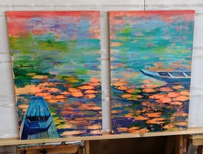Boot auf dem Lotus See, Original Öl Gemälde, 40x60cm