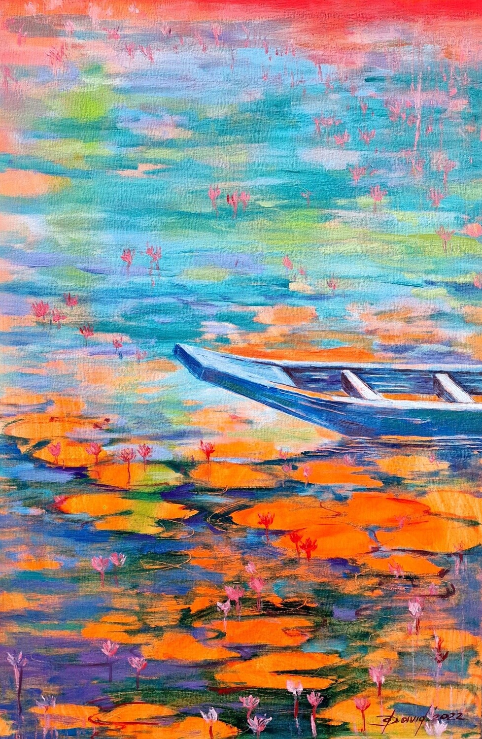 Boot auf dem Lotus See, Original Öl Gemälde, 40x60cm Boot auf dem Lotus See, Original Öl Gemälde, 40x60cm