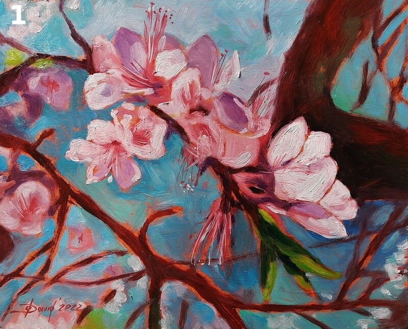 Mandelblüte, Original Ölgemälde auf Holzpaneels, Kleinformat 30x24 cm