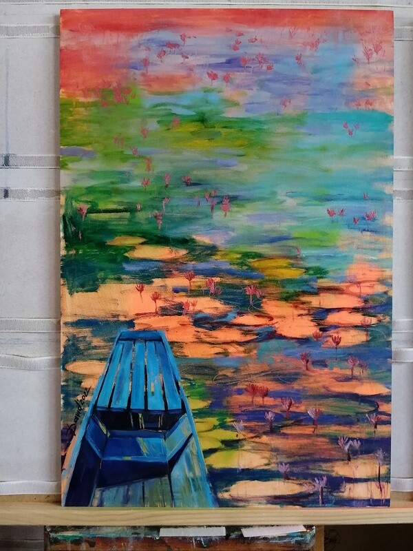 Blaues Boot im Lotusmeer, Original Öl Gemälde, 40x60cm