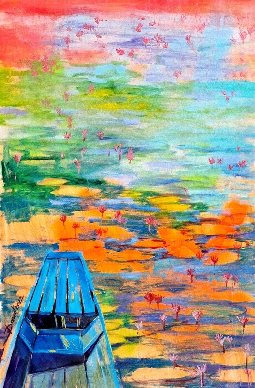 Blaues Boot im Lotusmeer, Original Öl Gemälde, 40x60cm
