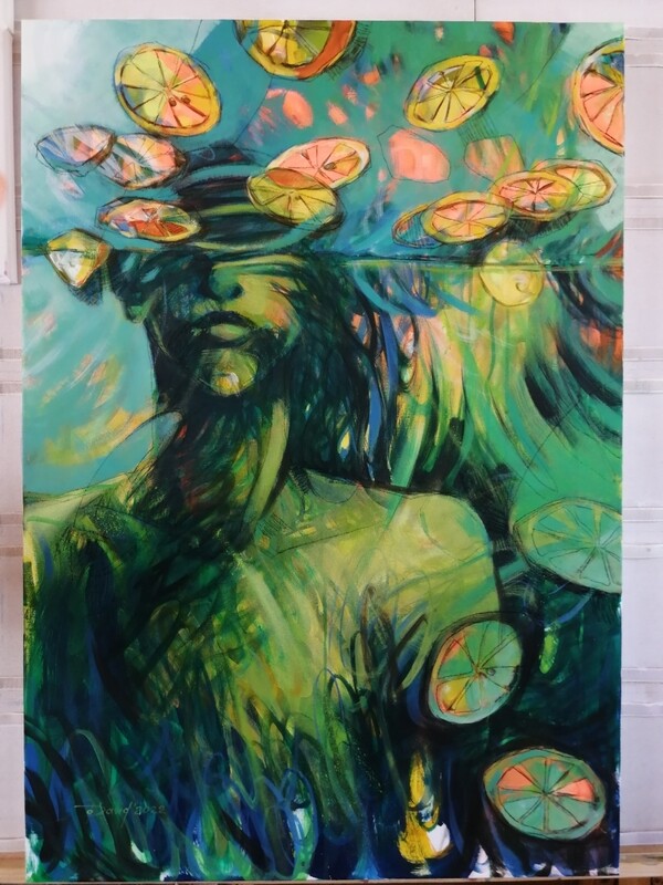 Lemon swimming pool - figuratives Gemälde unikat 70x100 cm