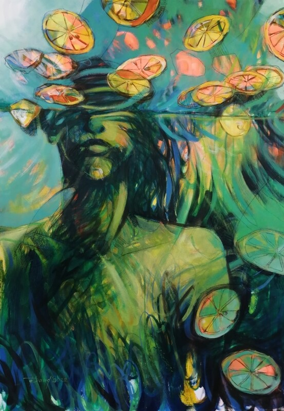 Lemon swimming pool - figuratives Gemälde unikat 70x100 cm