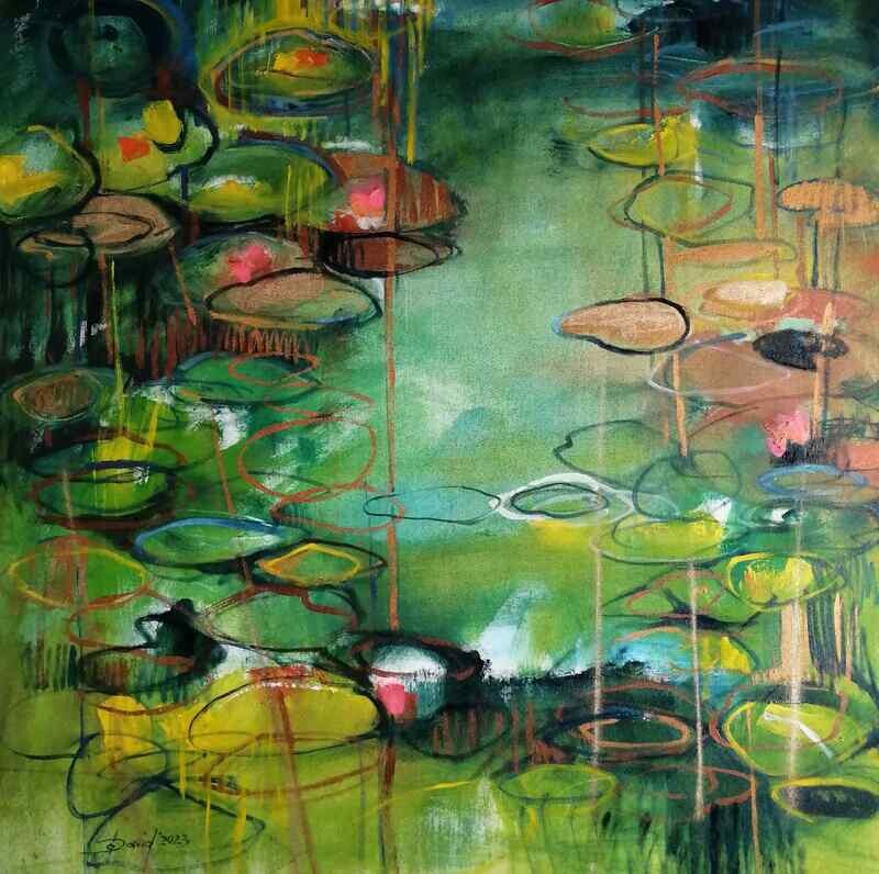 Abkühlung am Seerosenteich - Original abstraktes Gemälde 90x90 cm