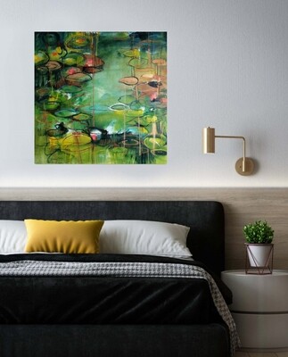 Abkühlung am Seerosenteich - Original abstraktes Gemälde 90x90 cm