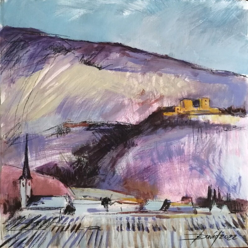 Berglandschaft im Schnee - Original Acrylbild auf Papier 30x30cm
