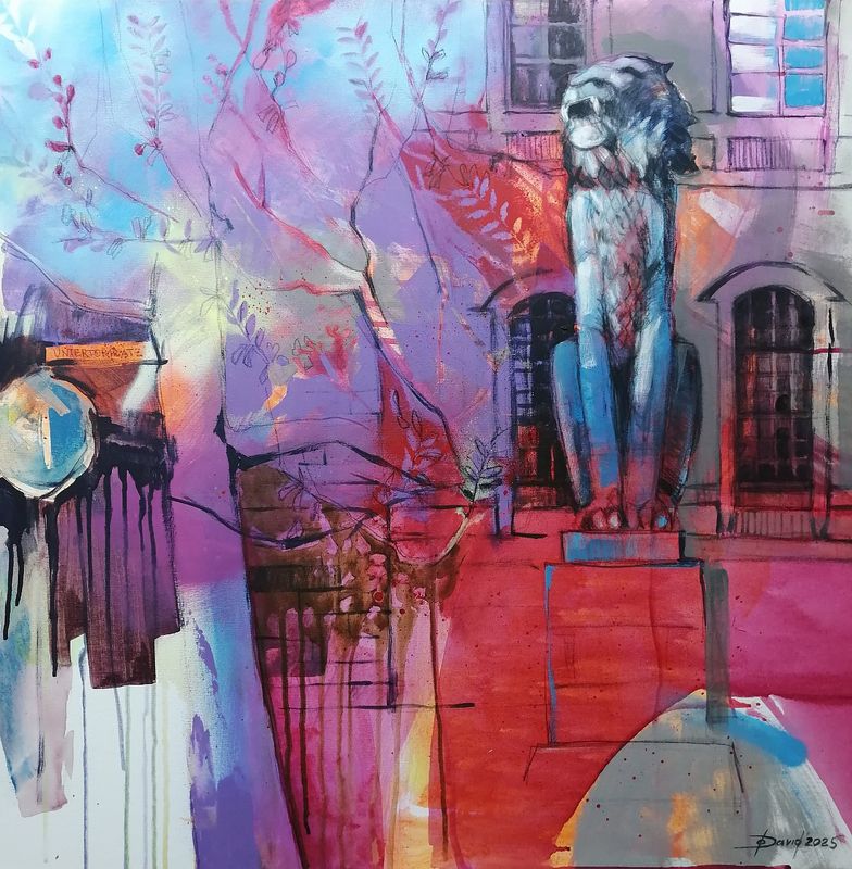 Blauglockenbaum am Untertorplatz, Original Gemälde 80x80cm