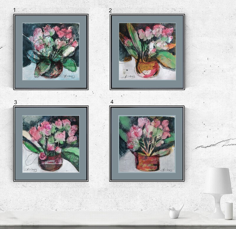 Kalanchoe, kleines Original Gemälde in Mischtechnik auf Papier 20x20 cm, Moderner Stil