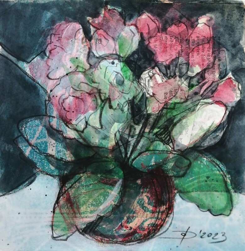 Kalanchoe, kleines Original Gemälde in Mischtechnik auf Papier 20x20 cm, Moderner Stil