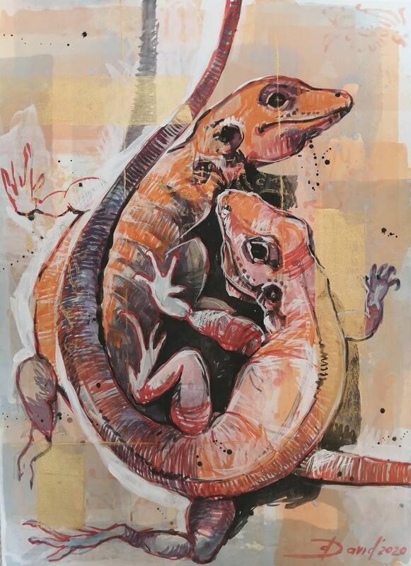 Tierbilder, Original Mixedmedia-Zeichnung auf Papier, Moderner Stil