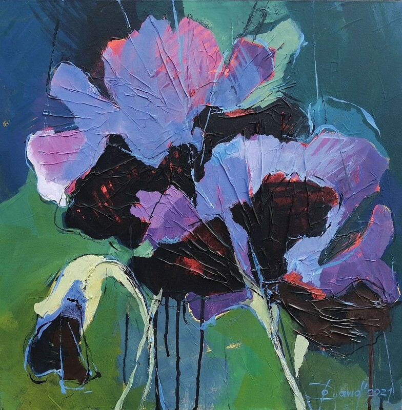 Blauviolette Iris, Original Gemälde auf Leinwand, Format 50x50 cm