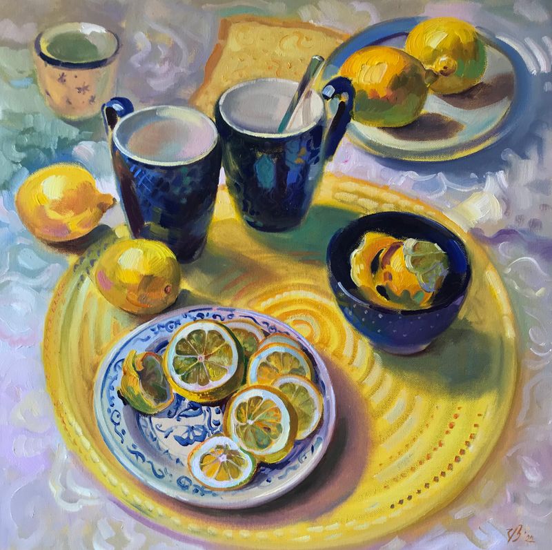 Stillleben mit Zitronen  - Original Ölgemälde von Katharina Valeeva 50x50 cm