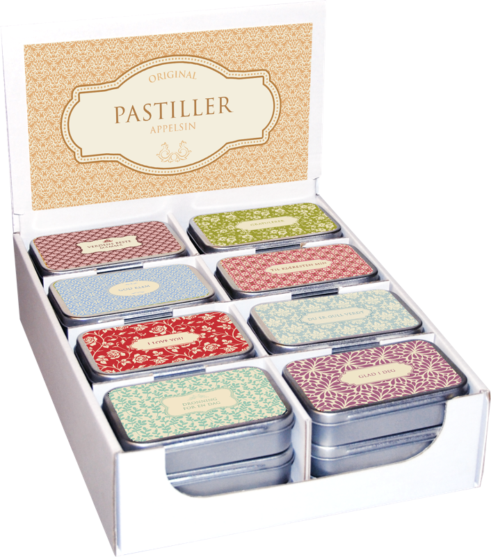 Pastiller i metallboks 24-pakk - Assortert Tekst