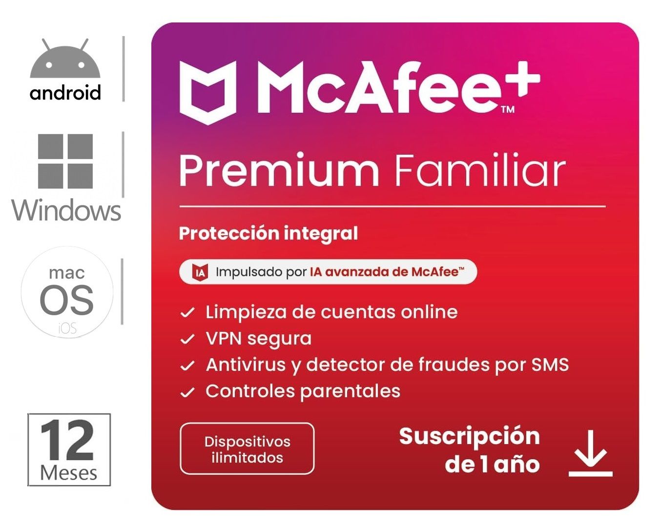PIN McAfee Premium Familiar Dispositivos Ilimitados 1 Año