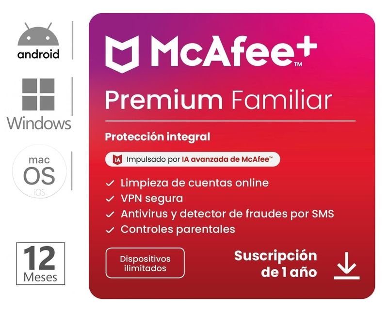 PIN McAfee Premium Familiar Dispositivos Ilimitados 1 Año