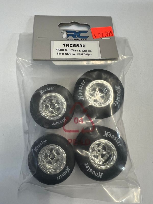 1RC5536 FR/RR SOFT TIRES &amp; WHEELS SILVER CHROME 1/18 EDM (4)