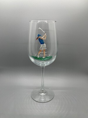 Female Golfer, Hand Painted Wine Glass