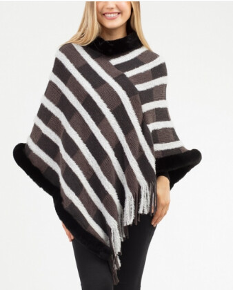 ​Fur trimmed striped color block poncho