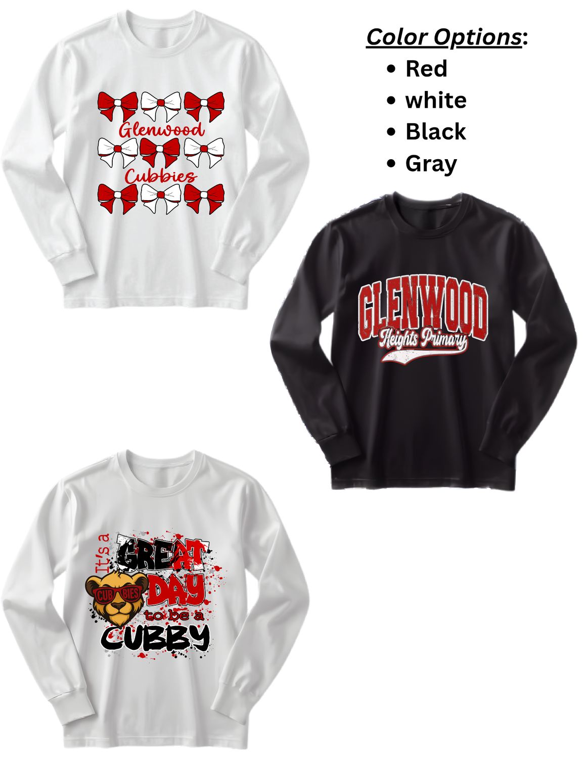 Glenwood Heights LONG SLEEVE Tshirts Designs 1, 2, 3 front and back designs