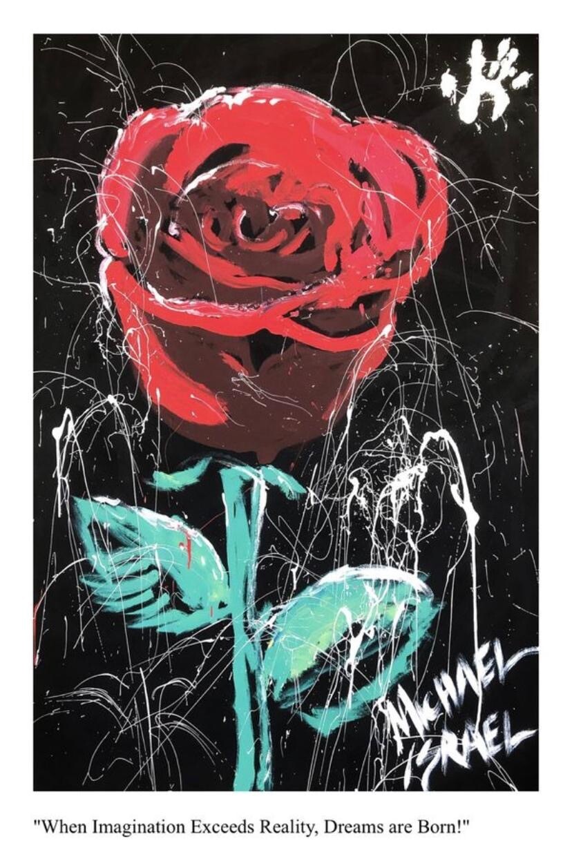 GIANT 4' x 6' Autographed Michael Israel Red Rose Acrylic 24K Gold Painting