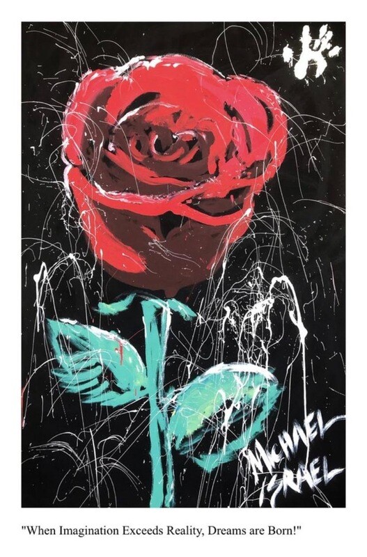 GIANT 4' x 6' Autographed Michael Israel Red Rose Acrylic 24K Gold Painting