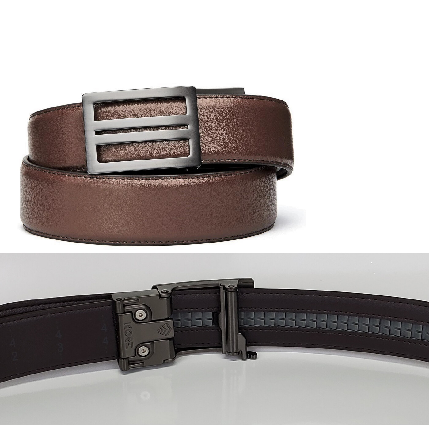 KORE X1 Gunmetal Brown Leather Micro Adjust Belt Size 24"-44"