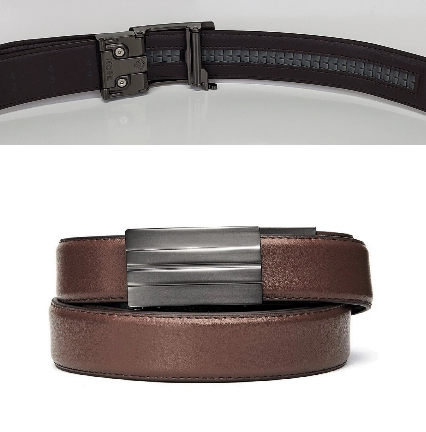 KORE X2 Gunmetal Brown Leather Micro Adjust Belt Size 24"-44"